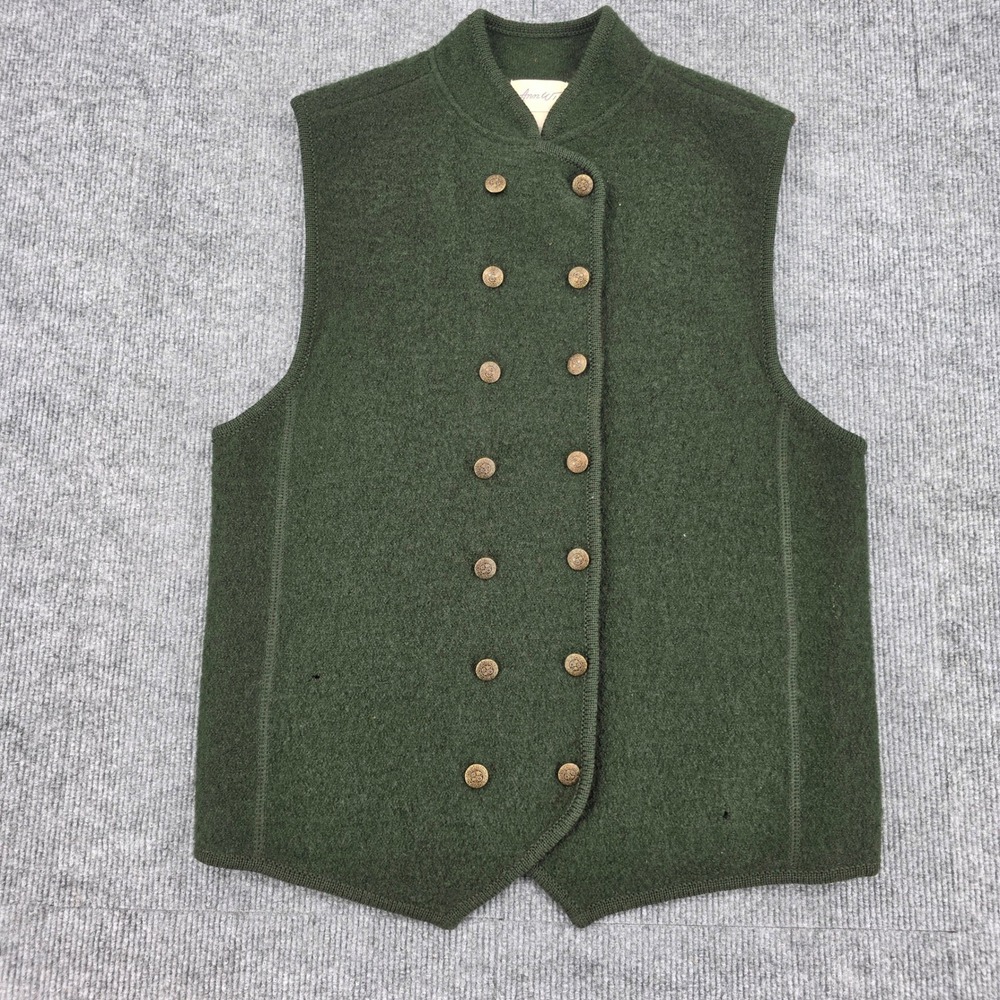 Ann Wi Vintage Forest Green 100% Wool Double Breasted Vest Gold Crest Buttons M